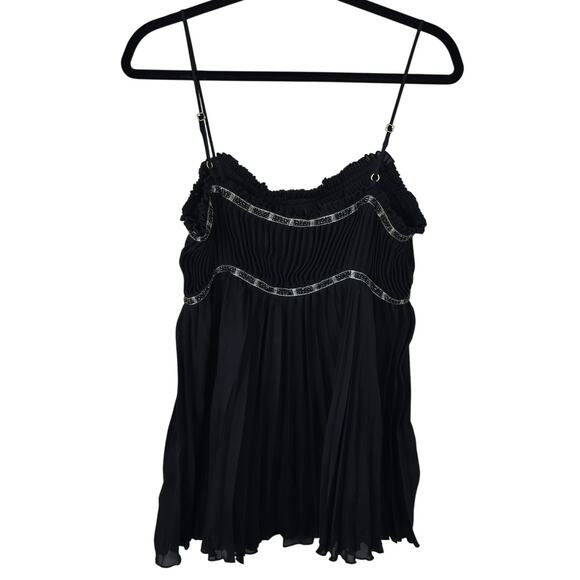 Express Design Top Women's M Black Silk Plisse Babydoll Empire Waist Beaded - Picture 2 of 11